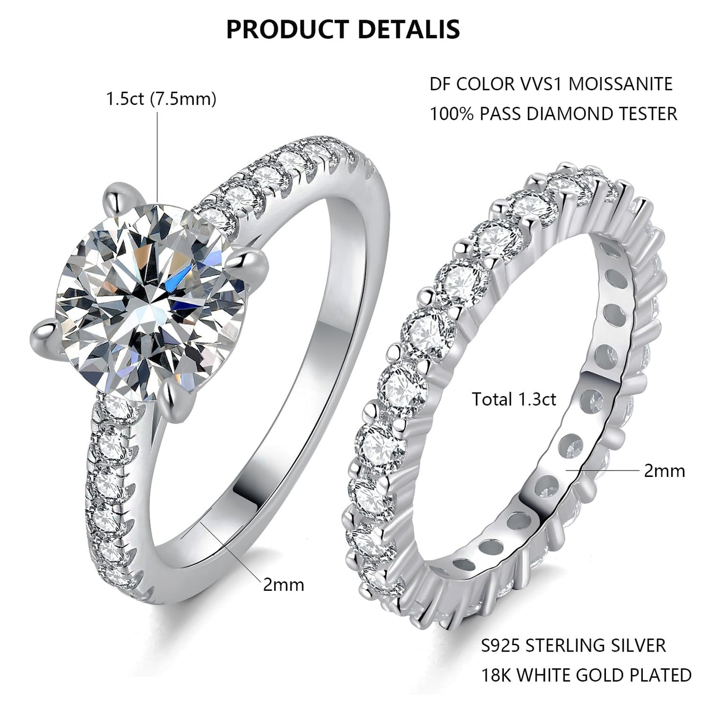 KERXI Total 2.8ct 1.5CT Center Moissanite Stackable Engagement Rings